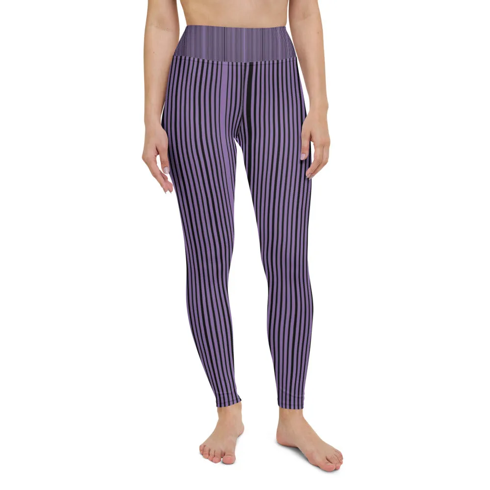 Purple Striped Women's Yoga Leggings, Vertically Striped Black Long Gym Tights-Made in USA/EU