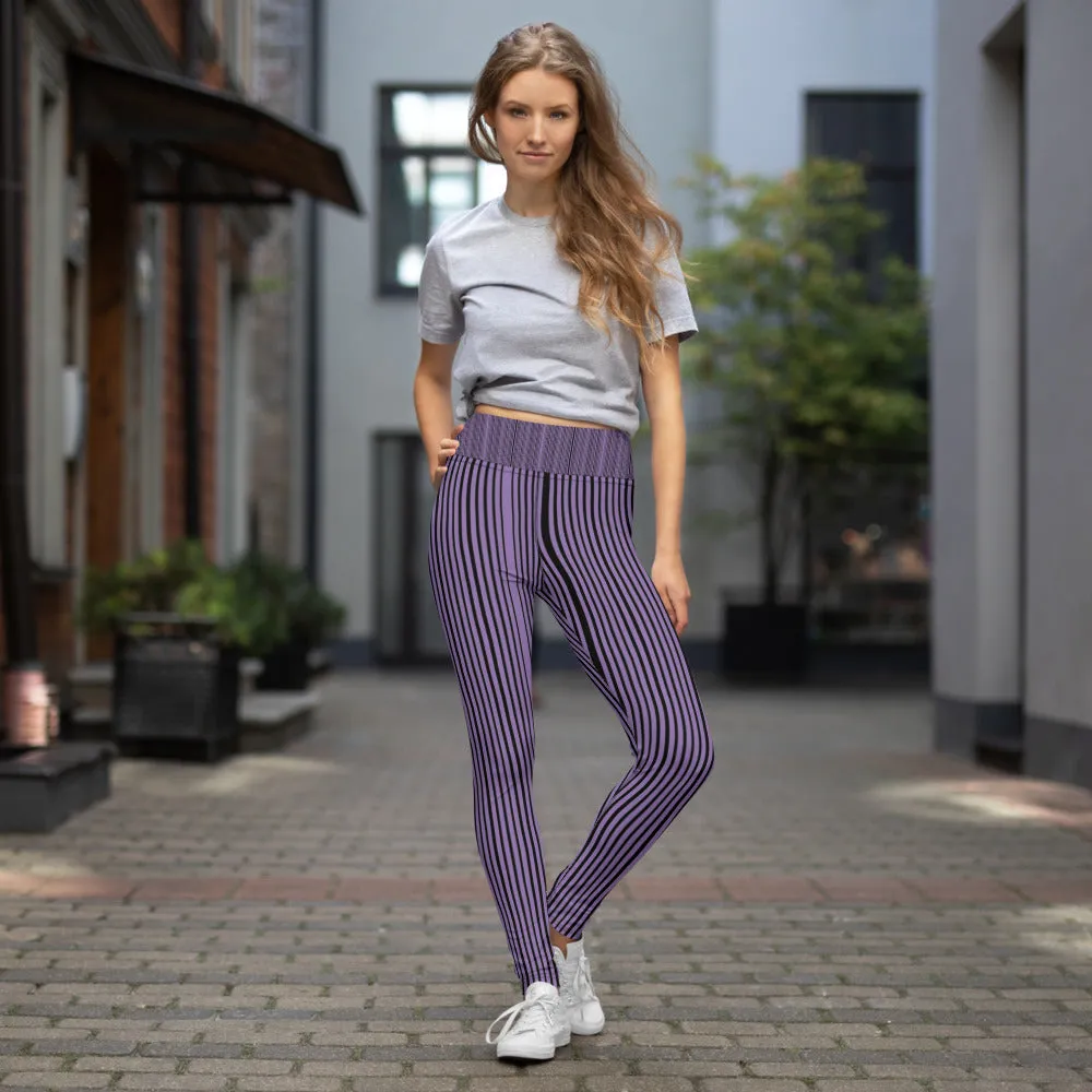 Purple Striped Women's Yoga Leggings, Vertically Striped Black Long Gym Tights-Made in USA/EU