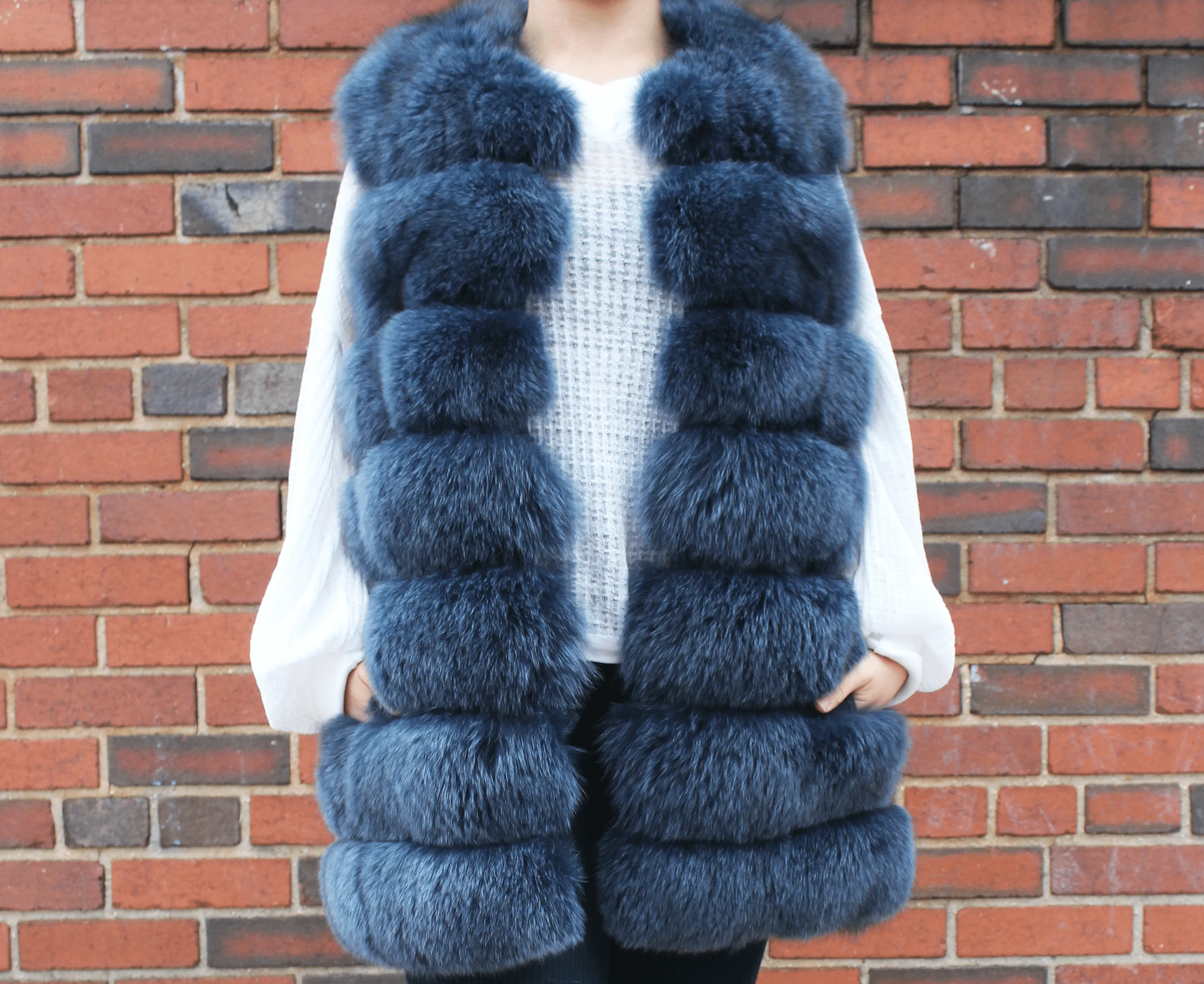 Quilted Fox Fur Vest - Blue