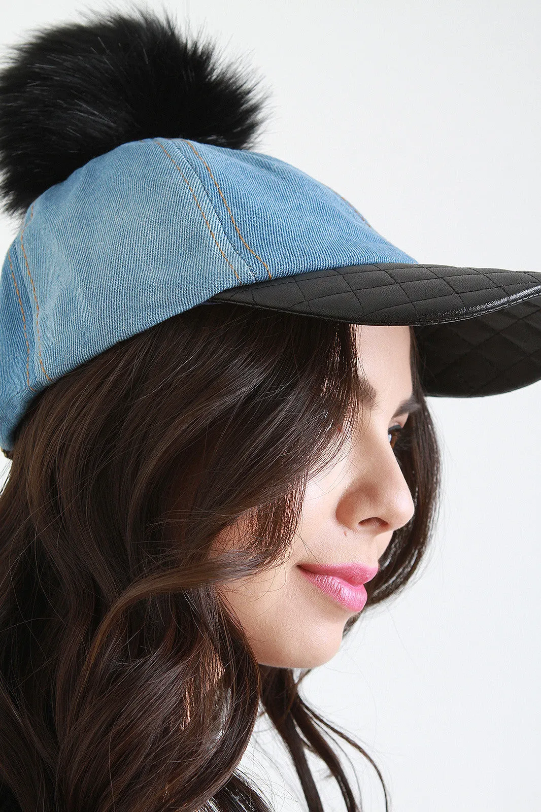 Quilted Leather Bill Pom Pom Baseball Cap