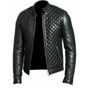 Quilted Men's Black Biker Leather Jacket Cafe Racer Motorcycle Motorbike