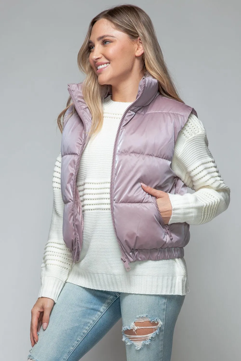 Quilted Vest Snobbish Fine Fur Lining Sleeveless Zip Up Outwear