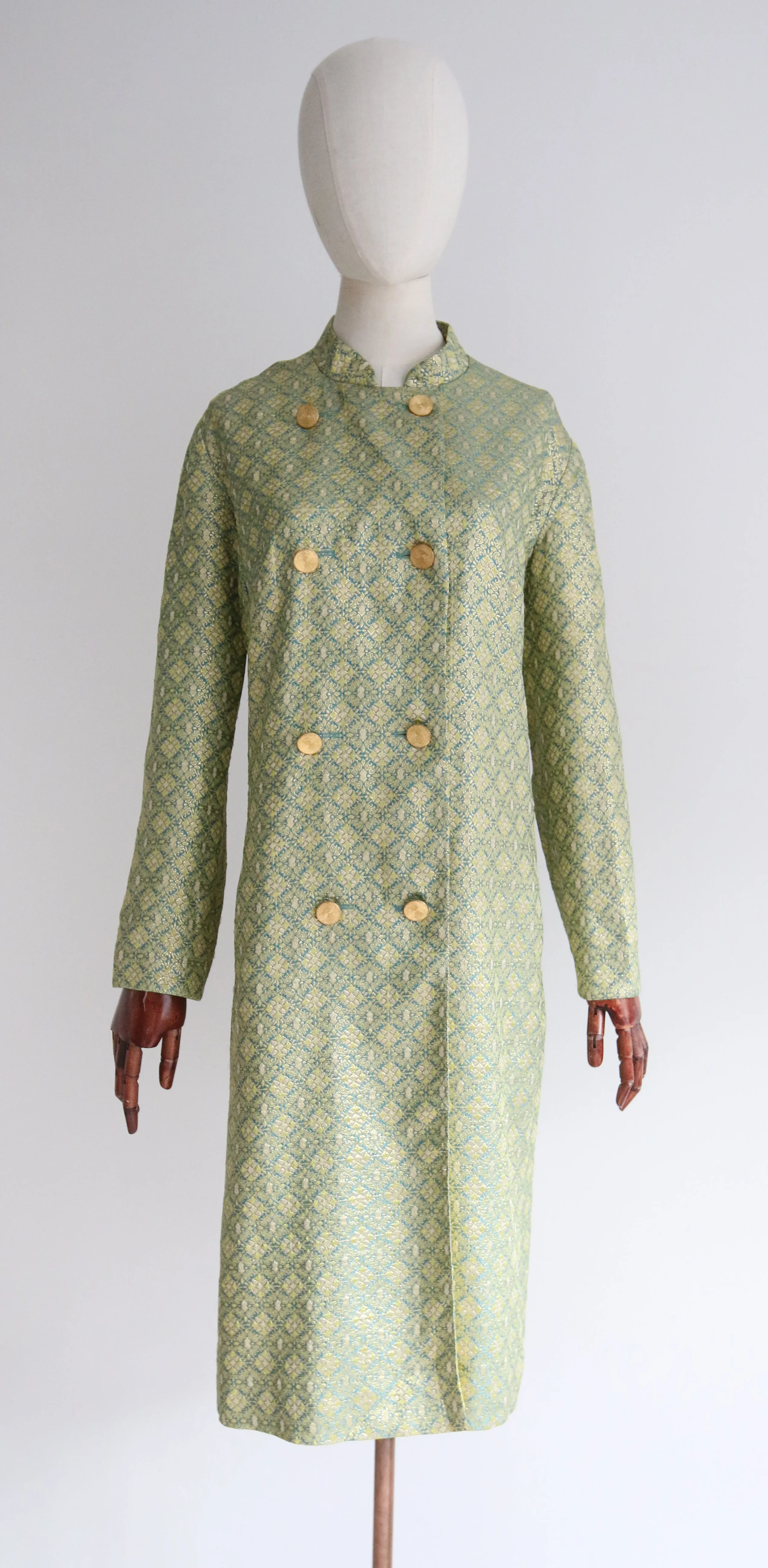 "Turquoise & Gold Lurex Brocade" Vintage 1960's Turquoise & Gold Lurex Brocade Coat UK 14-16 US 10-12