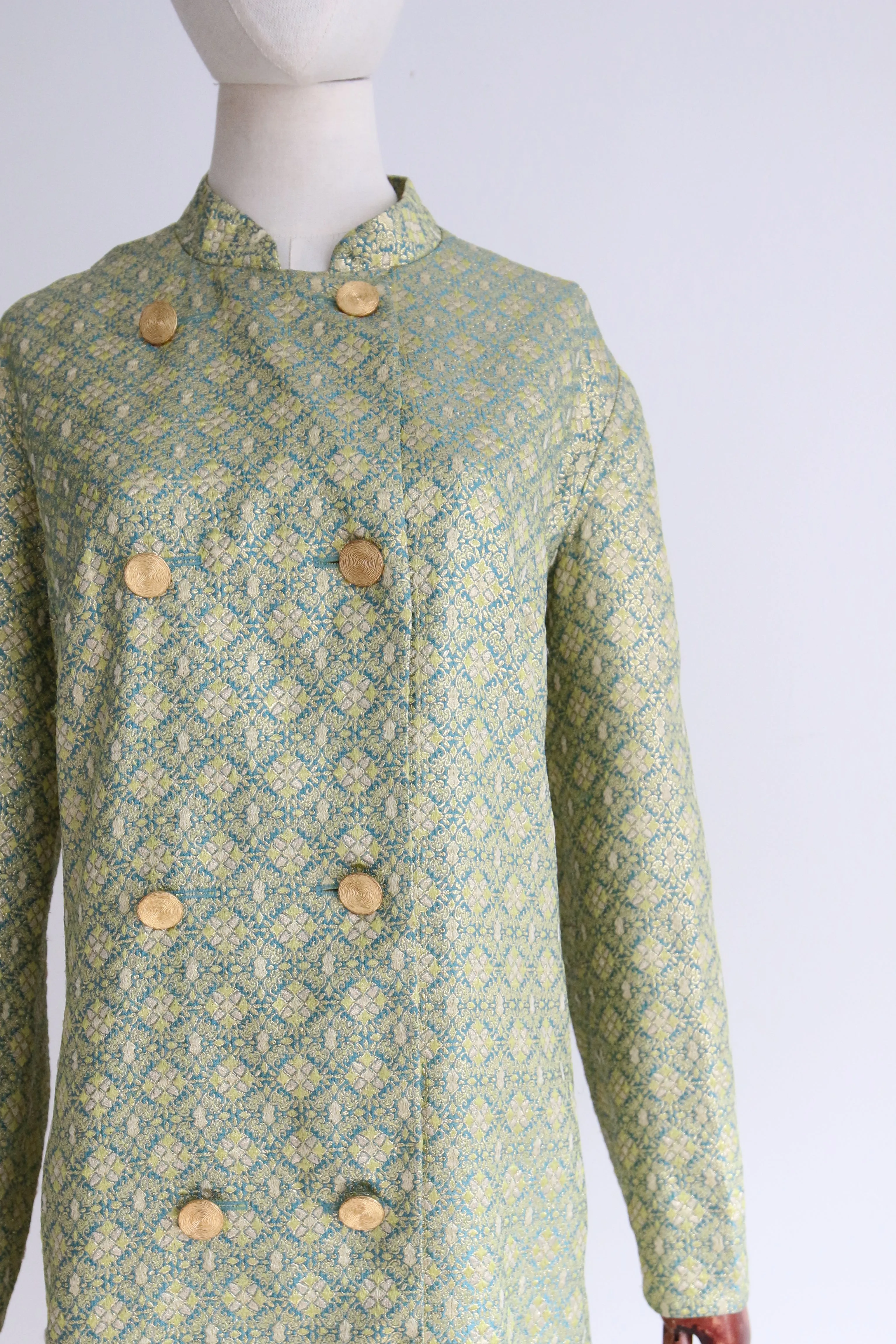 "Turquoise & Gold Lurex Brocade" Vintage 1960's Turquoise & Gold Lurex Brocade Coat UK 14-16 US 10-12