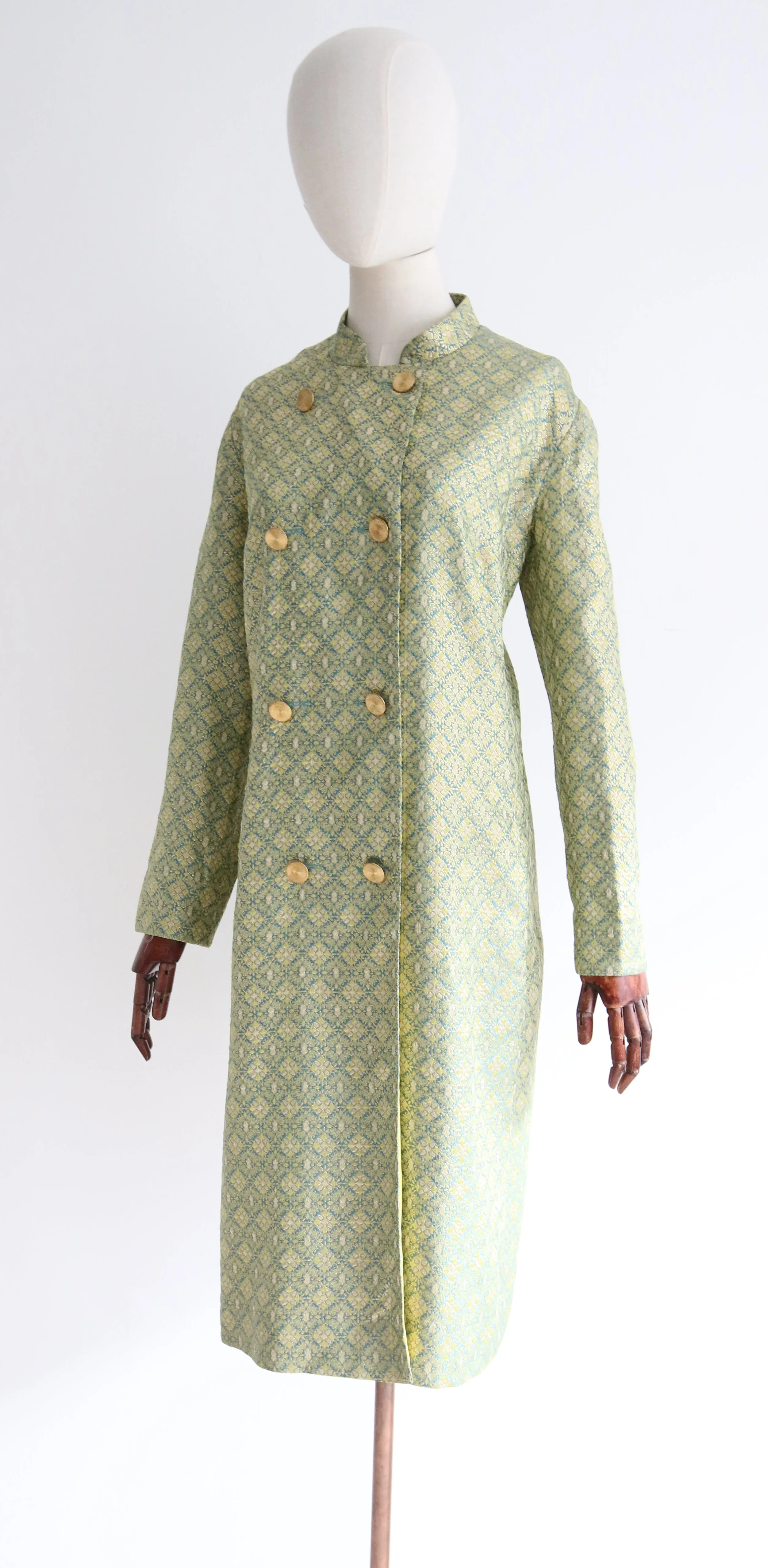 "Turquoise & Gold Lurex Brocade" Vintage 1960's Turquoise & Gold Lurex Brocade Coat UK 14-16 US 10-12