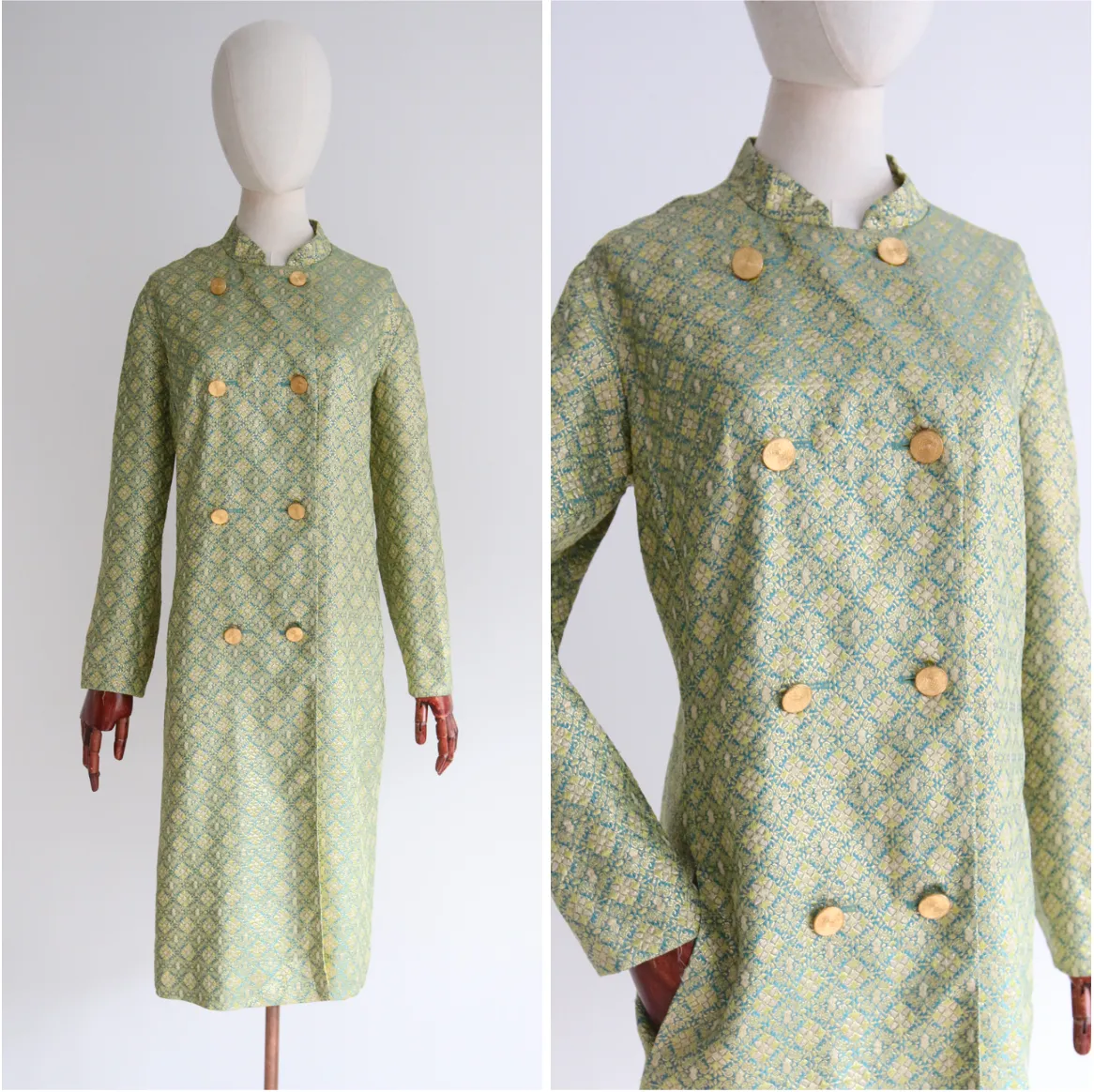 "Turquoise & Gold Lurex Brocade" Vintage 1960's Turquoise & Gold Lurex Brocade Coat UK 14-16 US 10-12