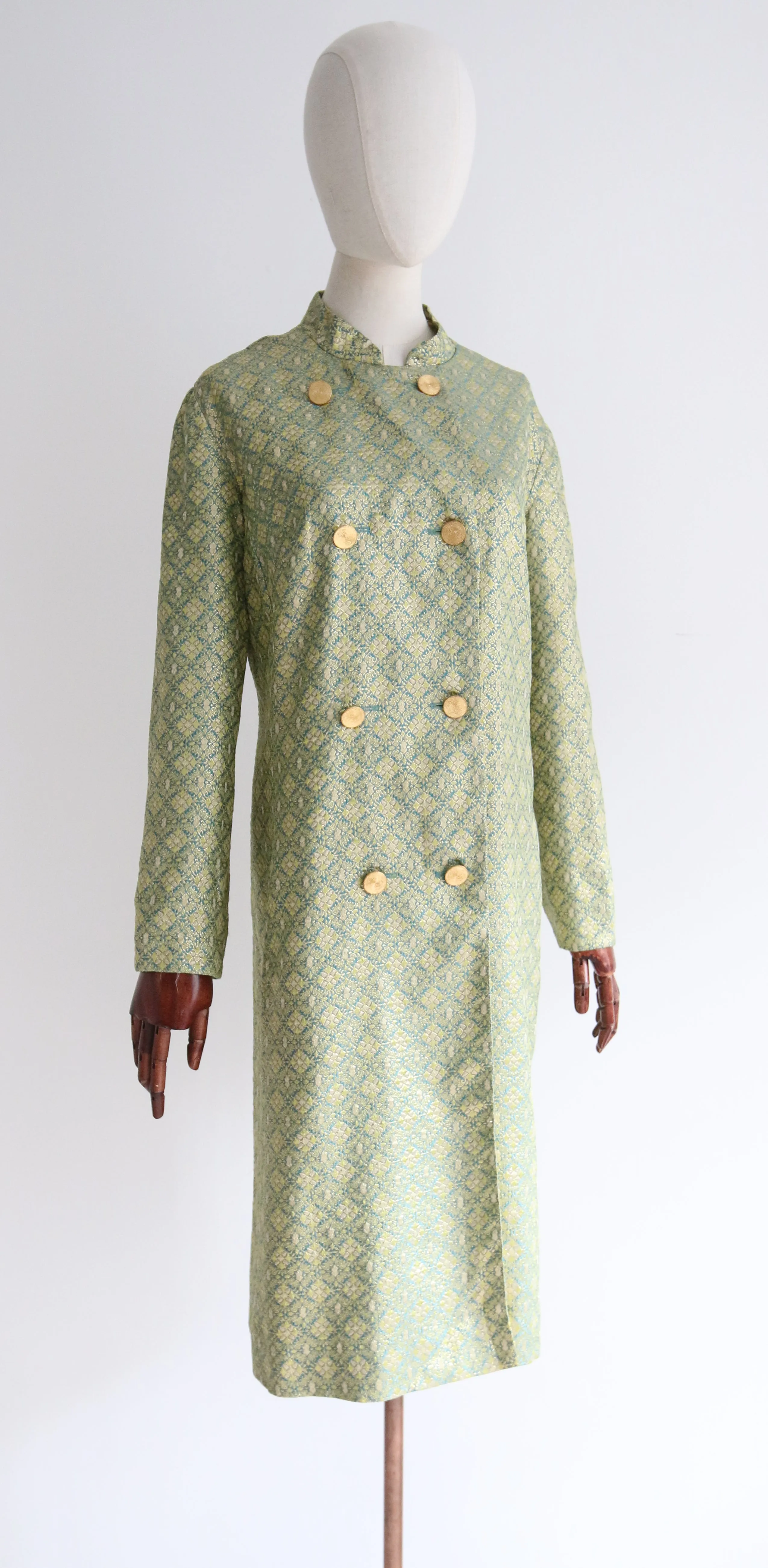 "Turquoise & Gold Lurex Brocade" Vintage 1960's Turquoise & Gold Lurex Brocade Coat UK 14-16 US 10-12