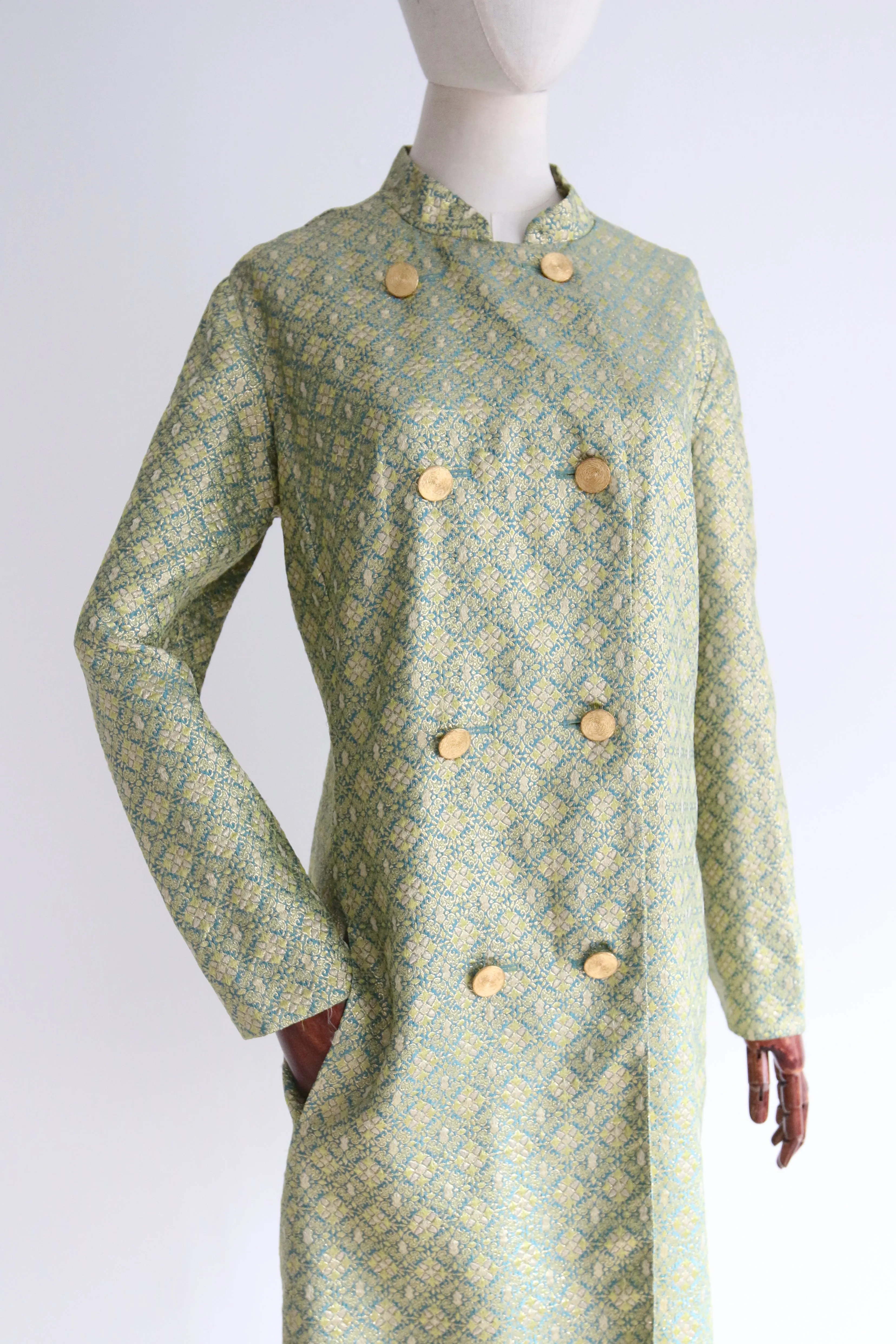 "Turquoise & Gold Lurex Brocade" Vintage 1960's Turquoise & Gold Lurex Brocade Coat UK 14-16 US 10-12