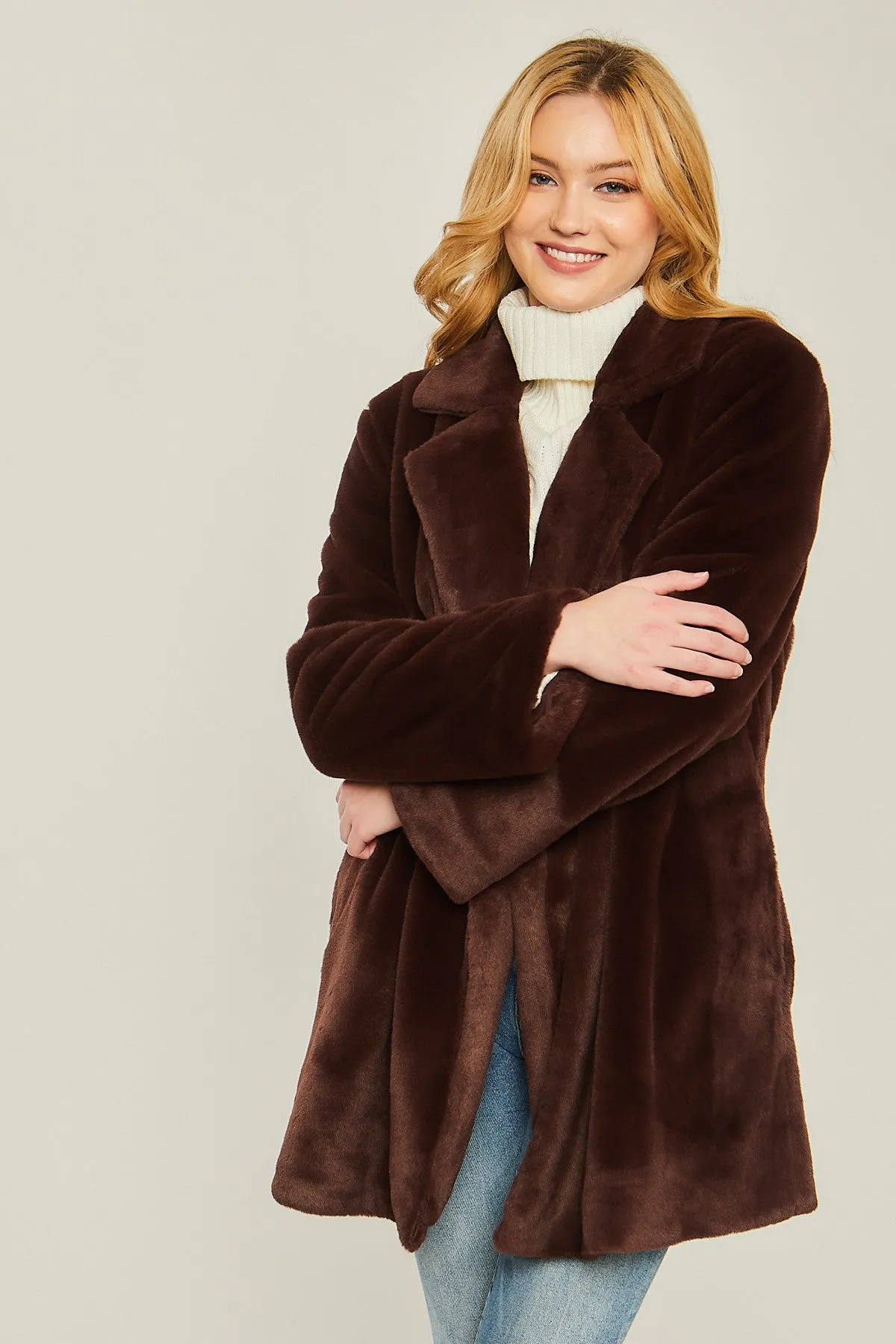 "Winter In New York" Long Brown Fuzzy Collar Coat