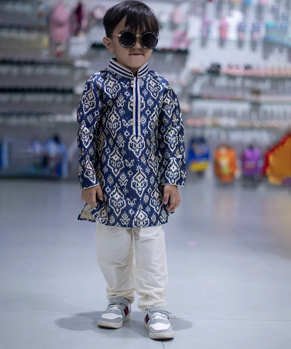 Raw Silk Indigo Blue Printed Party Wear Kurta Pyjama for Boys