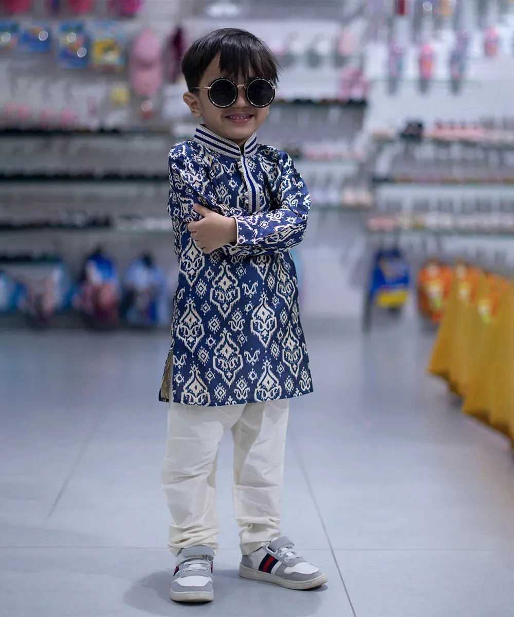 Raw Silk Indigo Blue Printed Party Wear Kurta Pyjama for Boys