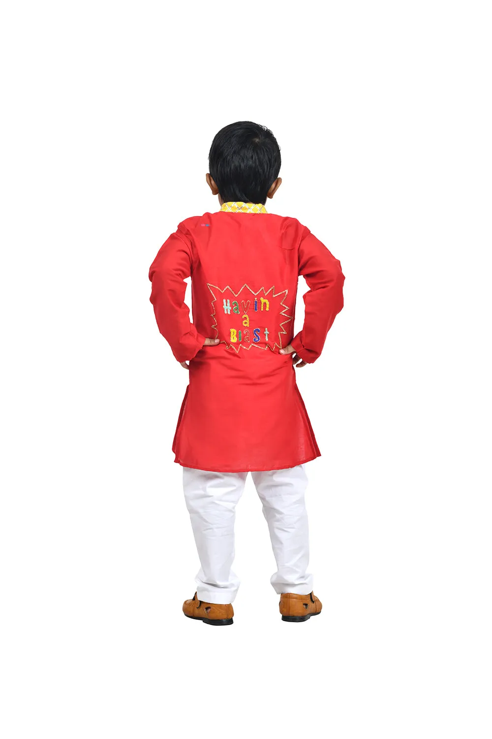 Red kurta with one liner and white churidar