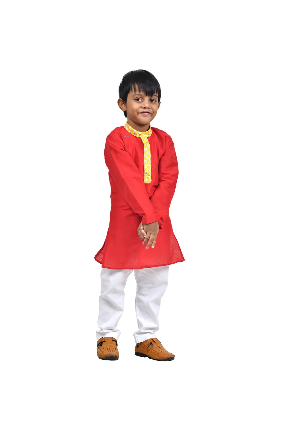 Red kurta with one liner and white churidar