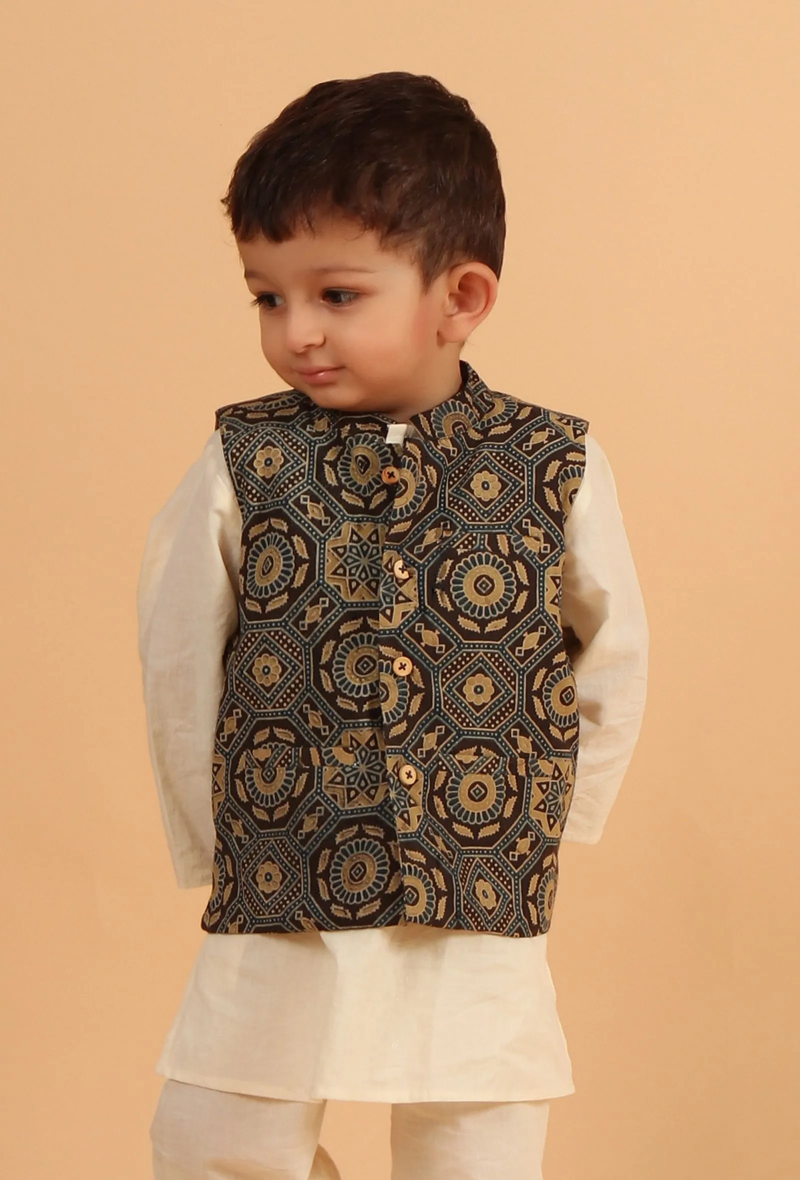 Rizwi Black Ajrakh Print Cotton Nehru Jacket