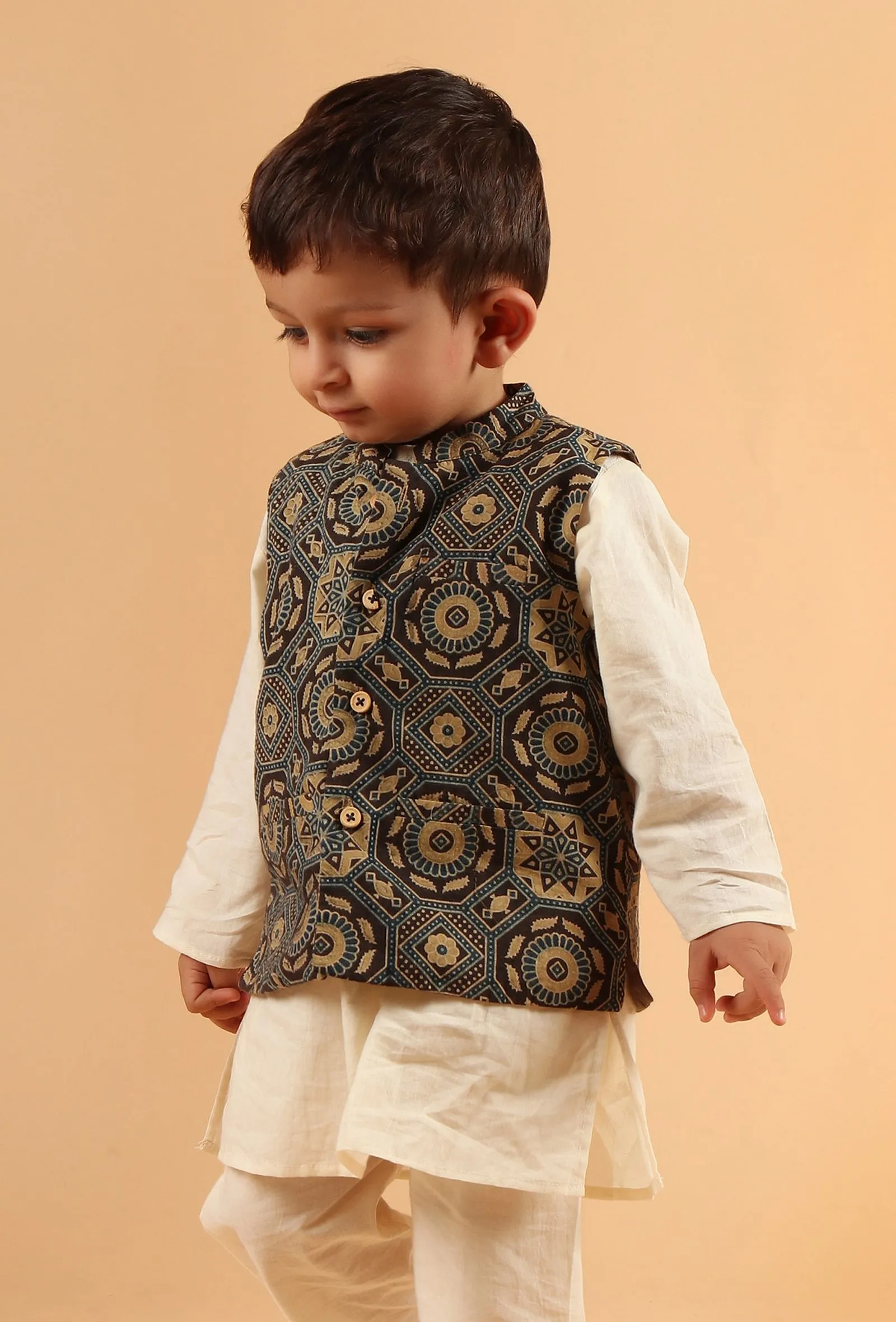 Rizwi Black Ajrakh Print Cotton Nehru Jacket