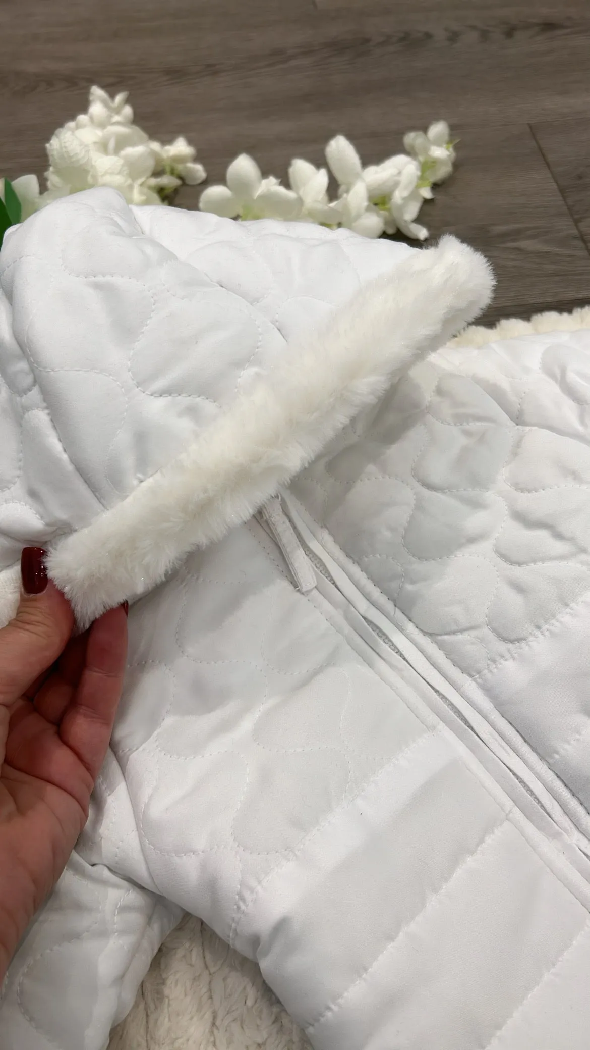 Rock a bye white fur trim snowsuit