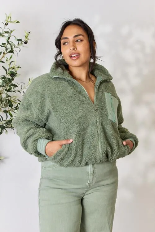 Sage Full Size Zip Up Collared Neck Jacket