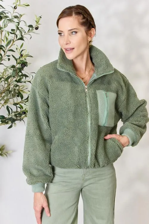 Sage Full Size Zip Up Collared Neck Jacket