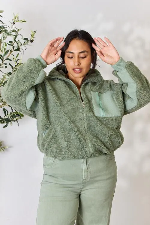 Sage Full Size Zip Up Collared Neck Jacket