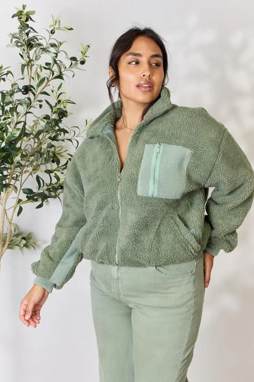 Sage Full Size Zip Up Collared Neck Jacket