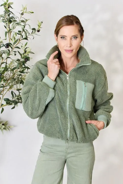 Sage Full Size Zip Up Collared Neck Jacket