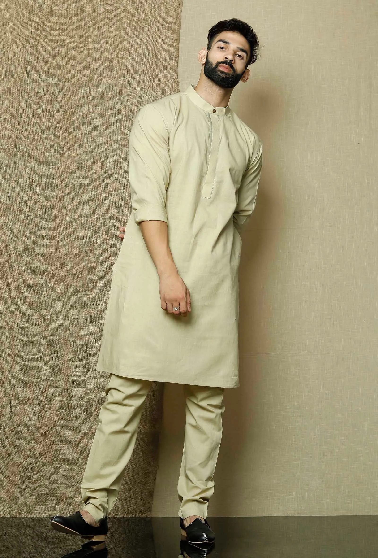 Set of 2:Muted Beige  Cotton Kurta and Pyjama