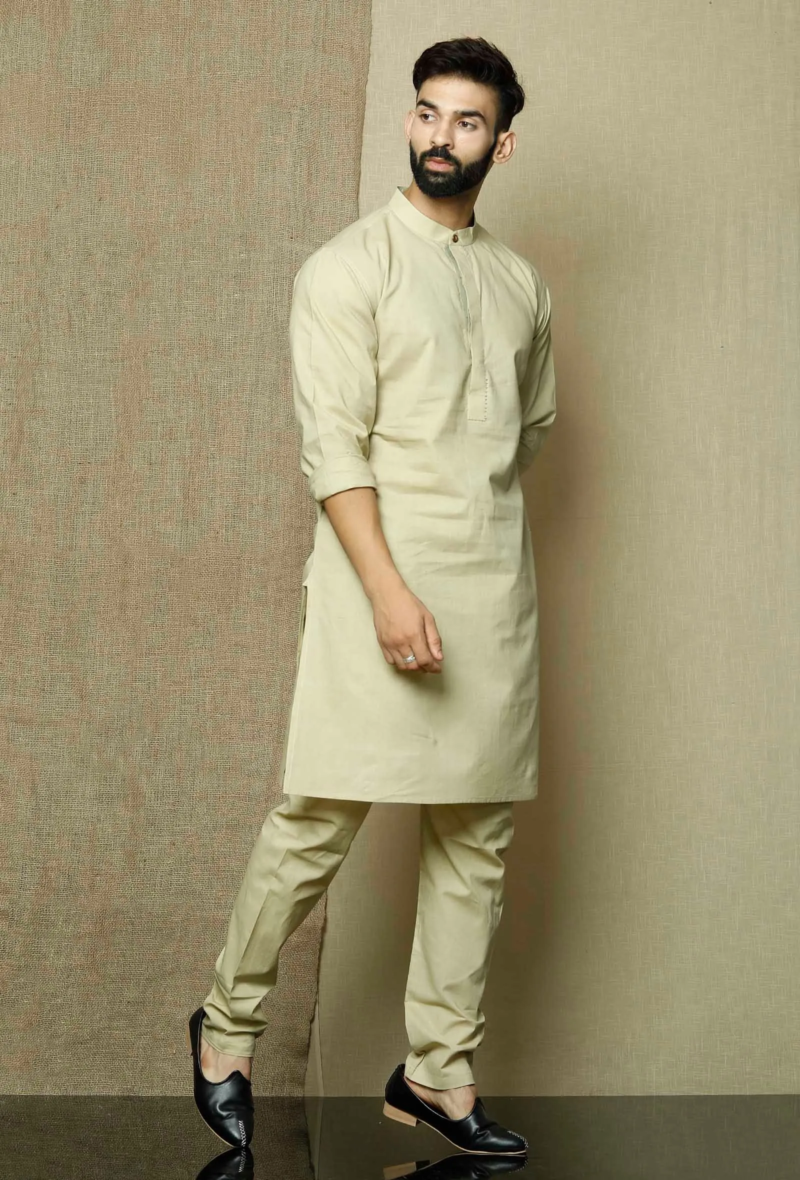 Set of 2:Muted Beige  Cotton Kurta and Pyjama