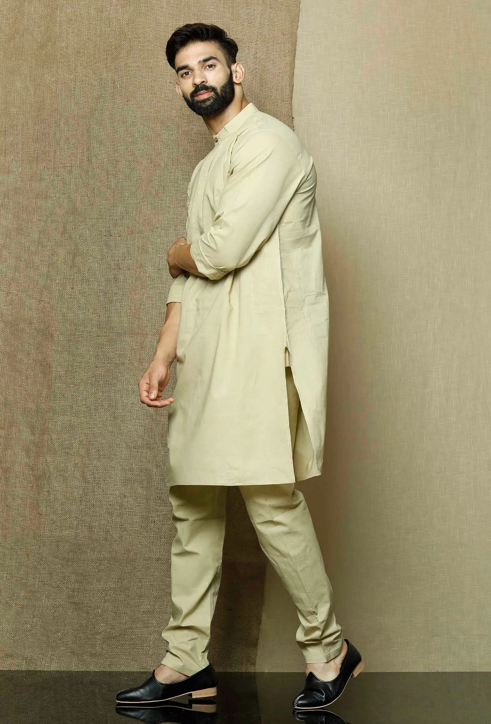 Set of 2:Muted Beige  Cotton Kurta and Pyjama