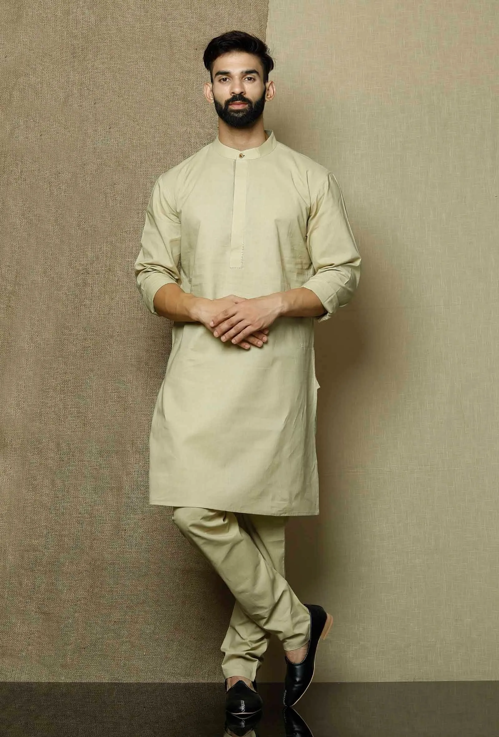 Set of 2:Muted Beige  Cotton Kurta and Pyjama