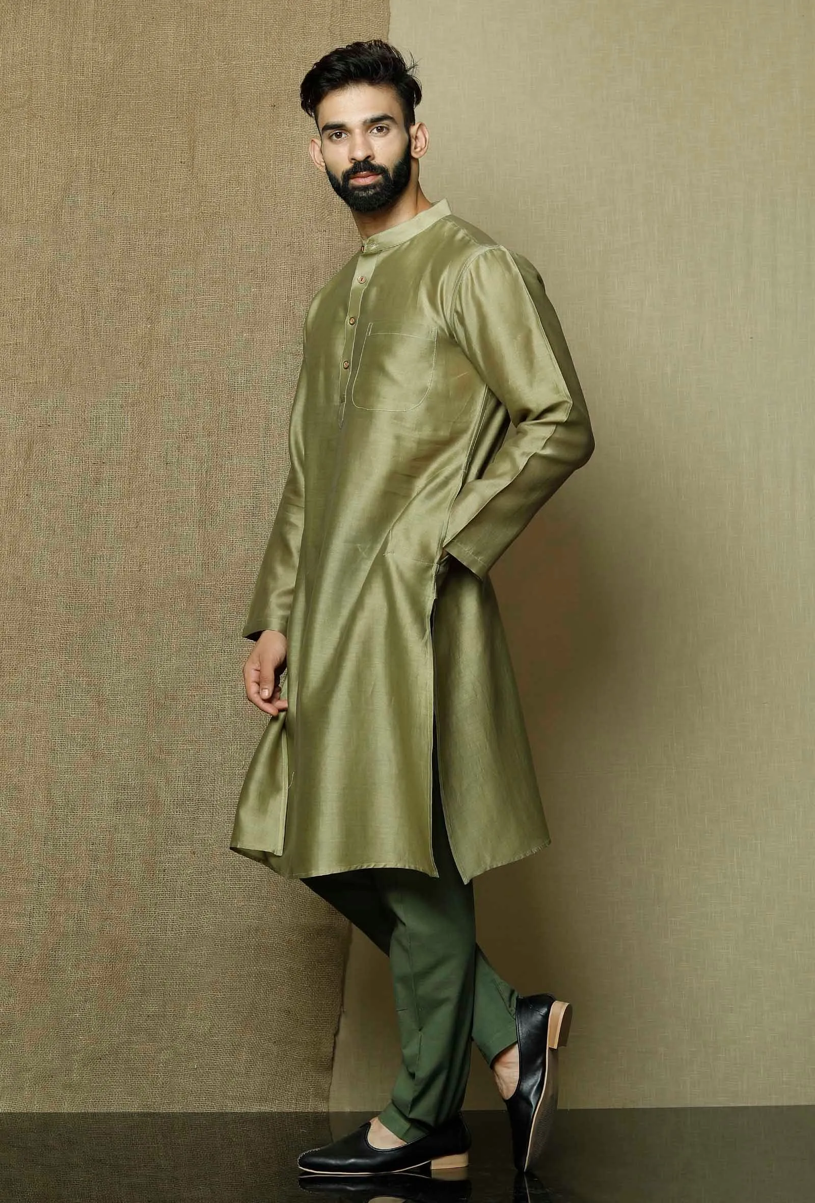 Set of 2:Olive Green Pure Banarasi Silk Chanderi Kurta with Moss Green Cotton Cambric Pyjama