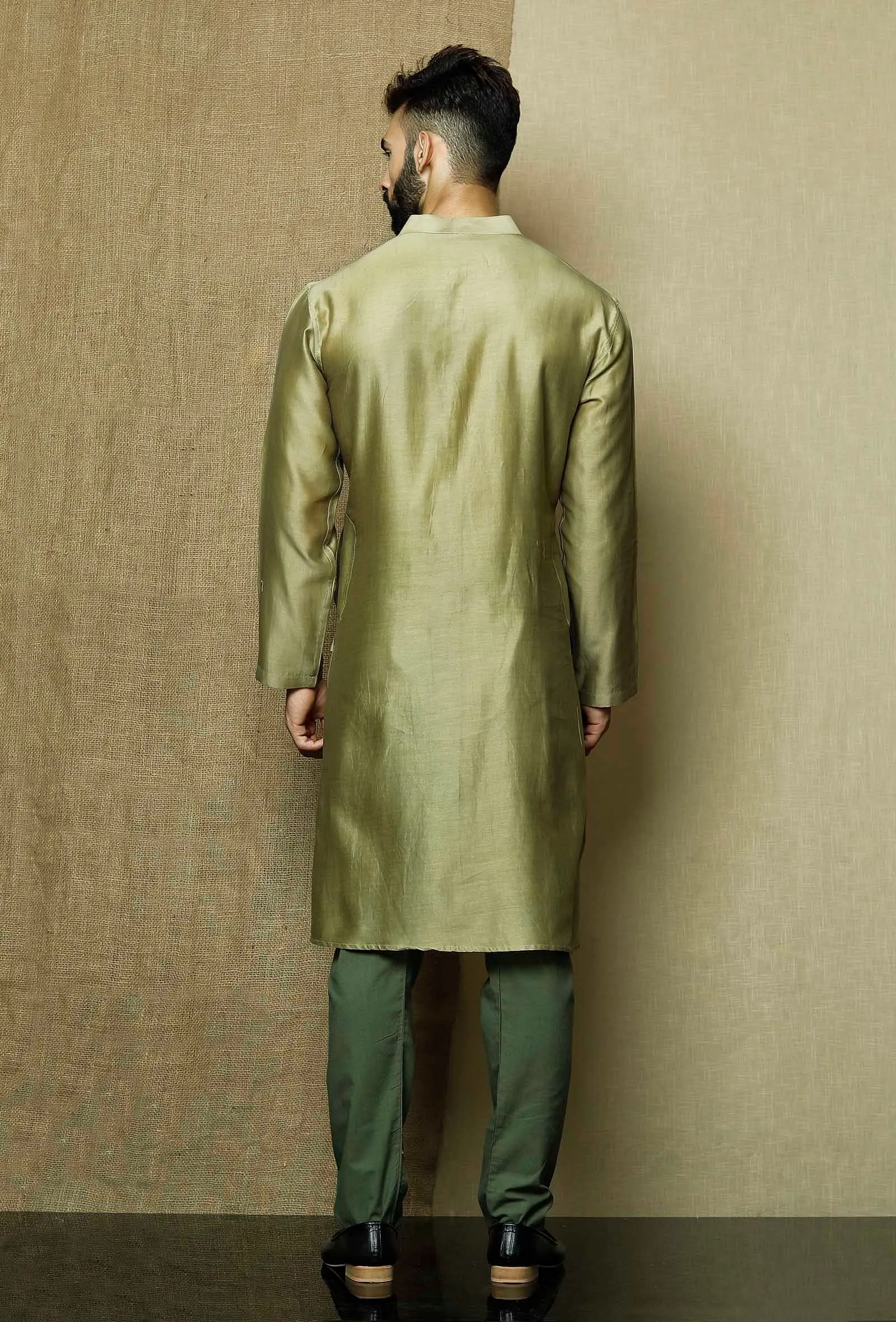 Set of 2:Olive Green Pure Banarasi Silk Chanderi Kurta with Moss Green Cotton Cambric Pyjama