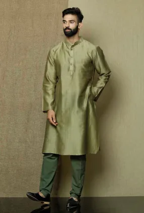 Set of 2:Olive Green Pure Banarasi Silk Chanderi Kurta with Moss Green Cotton Cambric Pyjama