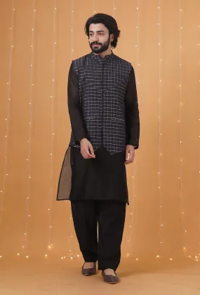 Set Of 3: Space Blue Checkered Chanderi Nehru Jacket, Black Kurta & Pajama