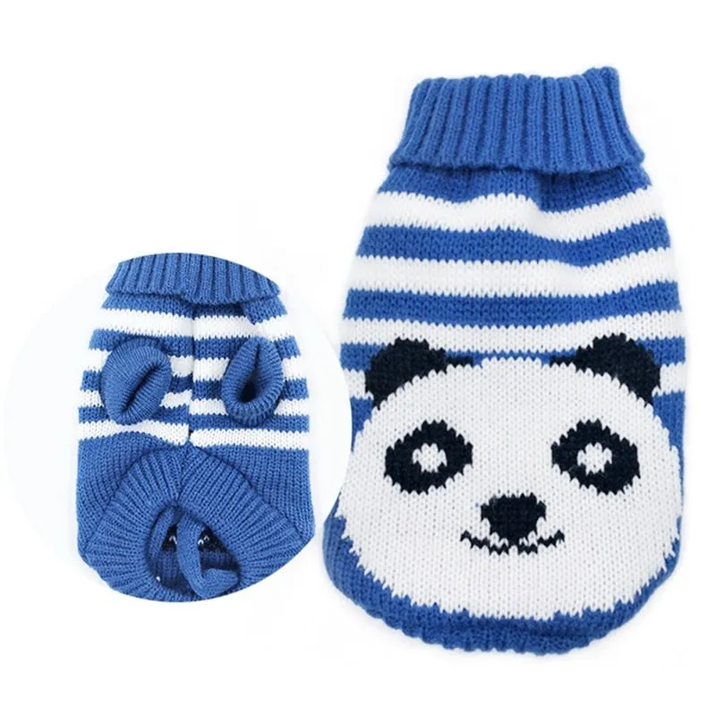 Smiling Panda Knitted Crochet Blue Small Dog Sweater