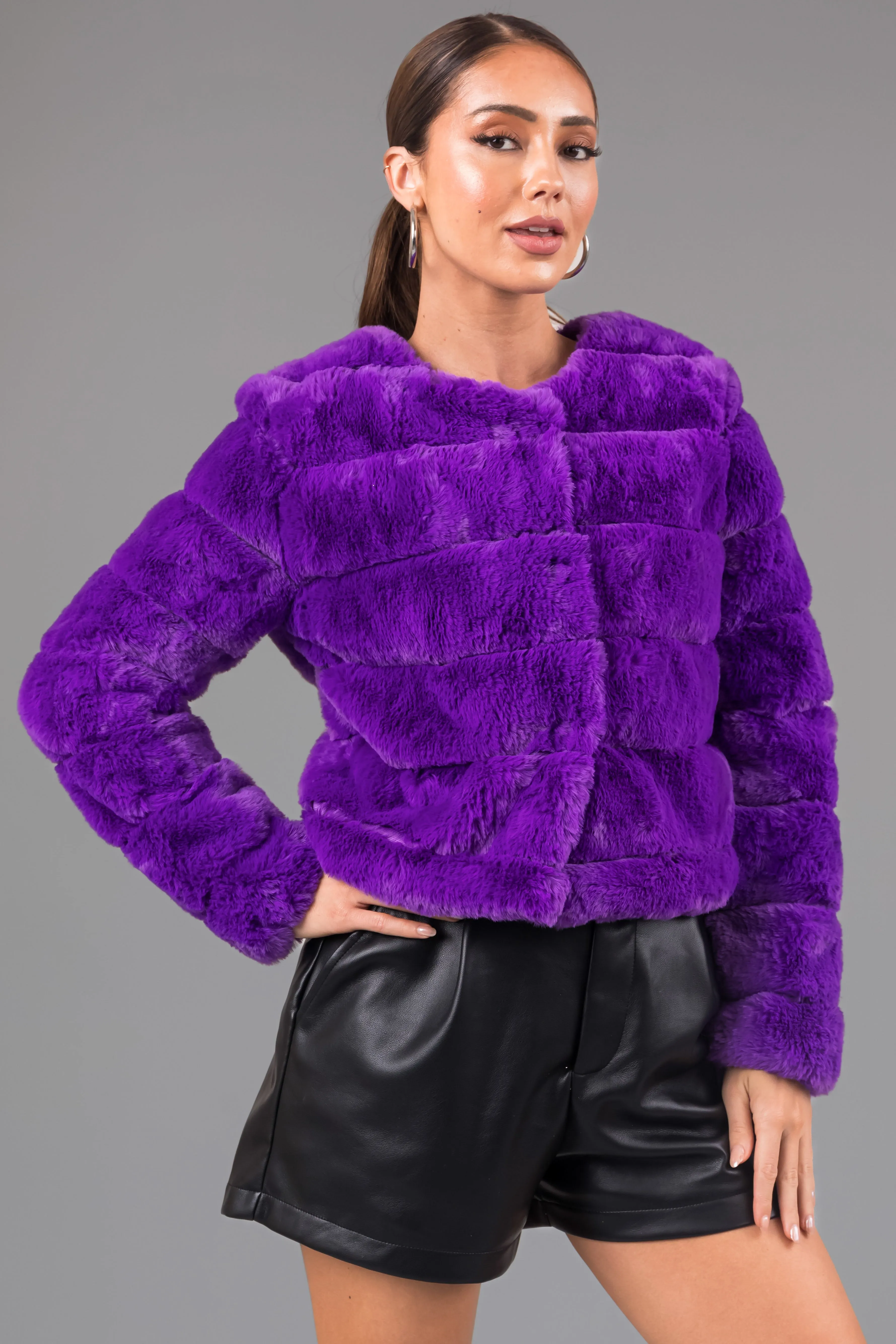 Violet Faux Fur Quilted Button Up Jacket