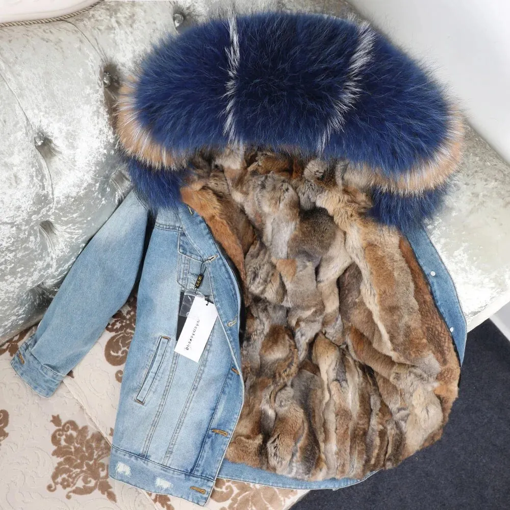 Winter Denim Jacket Parka Winter Women Parkas Real Fur Collar Coat Natural Raccoon Fur Hood Real Rabbit Fur Liner Luxury