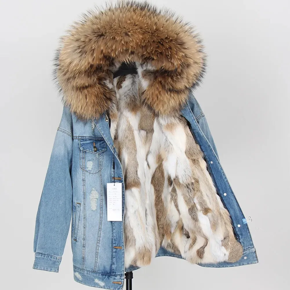 Winter Denim Jacket Parka Winter Women Parkas Real Fur Collar Coat Natural Raccoon Fur Hood Real Rabbit Fur Liner Luxury