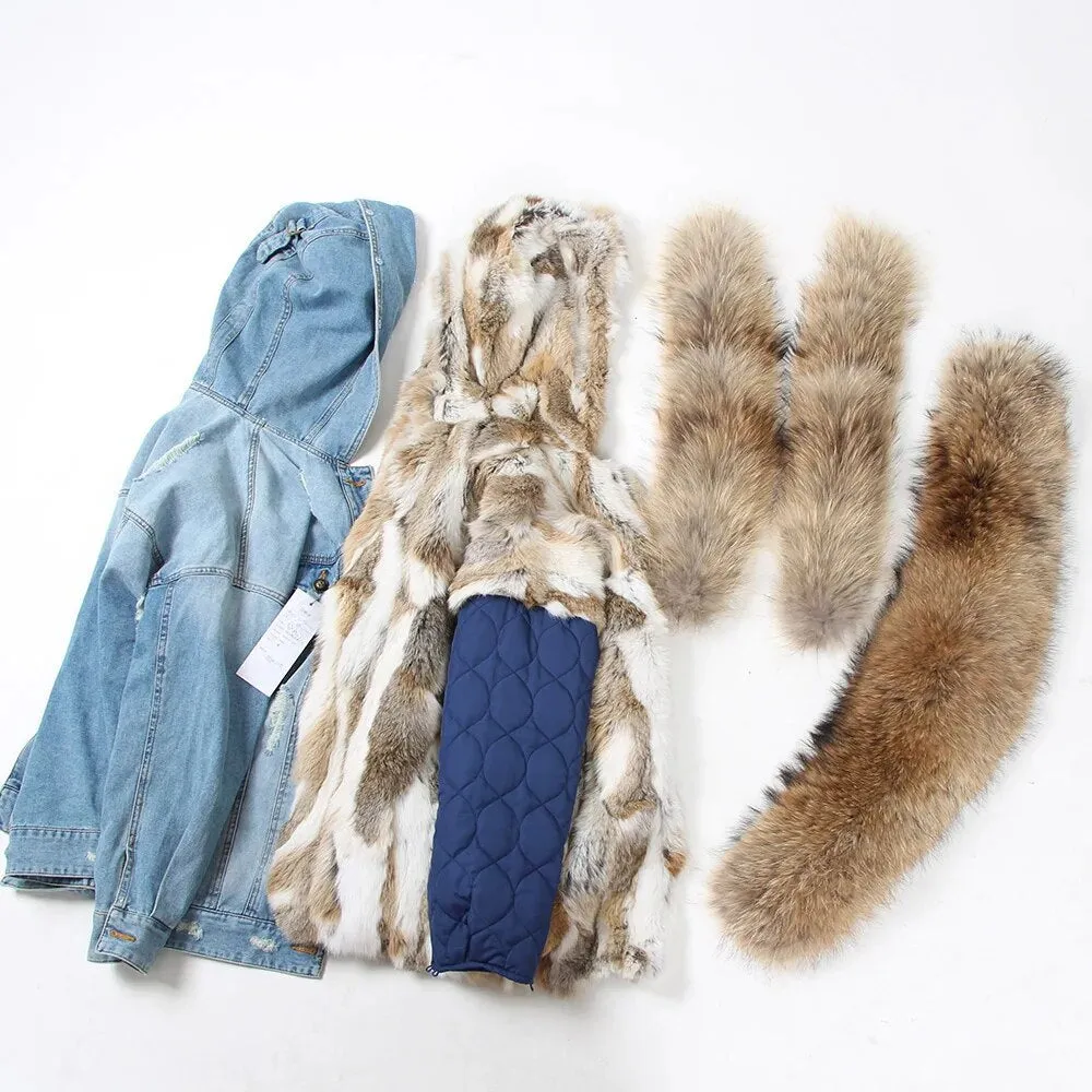 Winter Denim Jacket Parka Winter Women Parkas Real Fur Collar Coat Natural Raccoon Fur Hood Real Rabbit Fur Liner Luxury