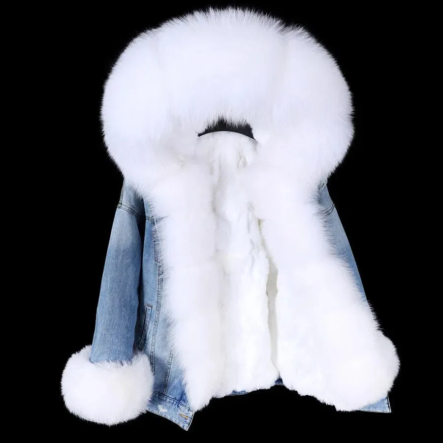 Winter Denim Jacket Parka Winter Women Parkas Real Fur Collar Coat Natural Raccoon Fur Hood Real Rabbit Fur Liner Luxury