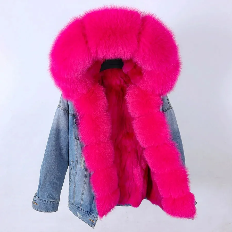 Winter Denim Jacket Parka Winter Women Parkas Real Fur Collar Coat Natural Raccoon Fur Hood Real Rabbit Fur Liner Luxury