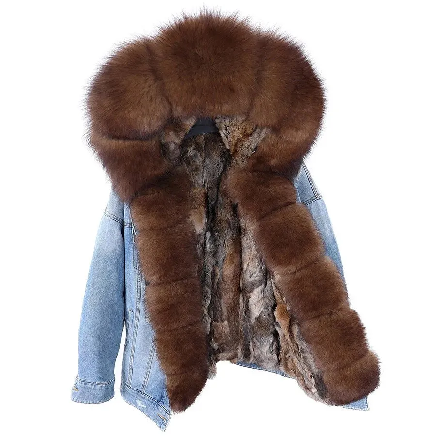 Winter Denim Jacket Parka Winter Women Parkas Real Fur Collar Coat Natural Raccoon Fur Hood Real Rabbit Fur Liner Luxury