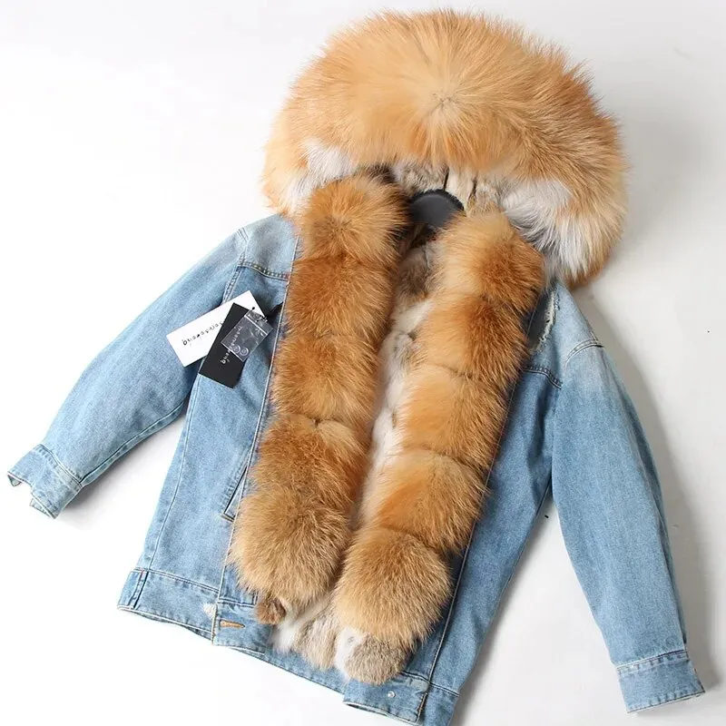 Winter Denim Jacket Parka Winter Women Parkas Real Fur Collar Coat Natural Raccoon Fur Hood Real Rabbit Fur Liner Luxury