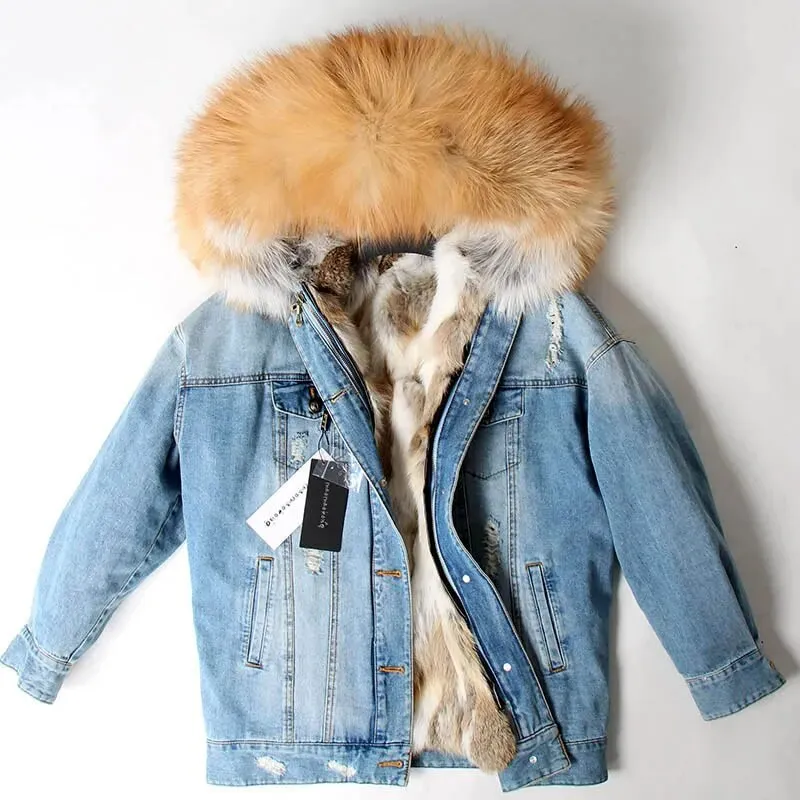 Winter Denim Jacket Parka Winter Women Parkas Real Fur Collar Coat Natural Raccoon Fur Hood Real Rabbit Fur Liner Luxury