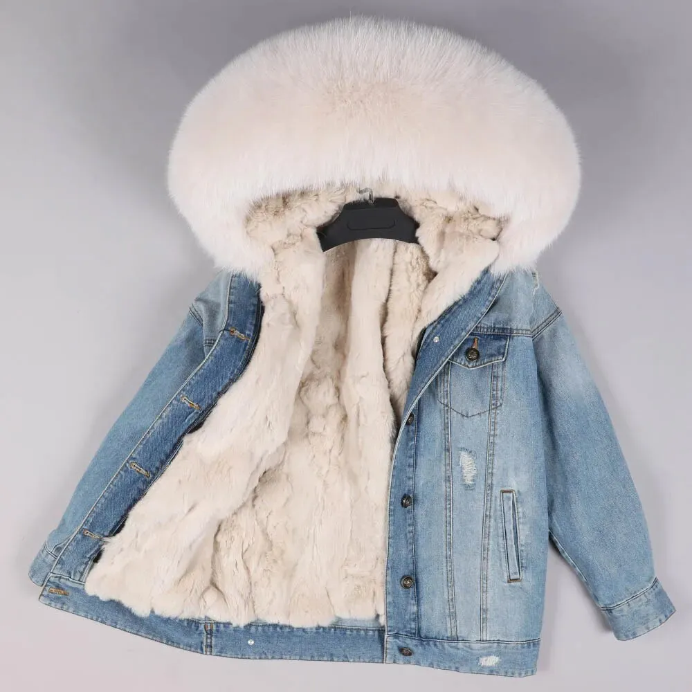 Winter Denim Jacket Parka Winter Women Parkas Real Fur Collar Coat Natural Raccoon Fur Hood Real Rabbit Fur Liner Luxury