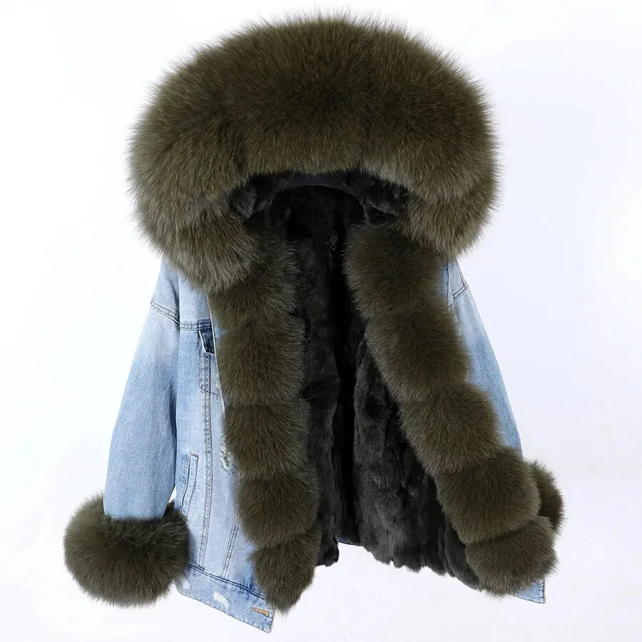 Winter Denim Jacket Parka Winter Women Parkas Real Fur Collar Coat Natural Raccoon Fur Hood Real Rabbit Fur Liner Luxury