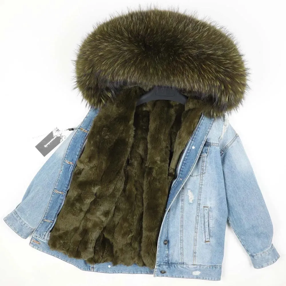 Winter Denim Jacket Parka Winter Women Parkas Real Fur Collar Coat Natural Raccoon Fur Hood Real Rabbit Fur Liner Luxury