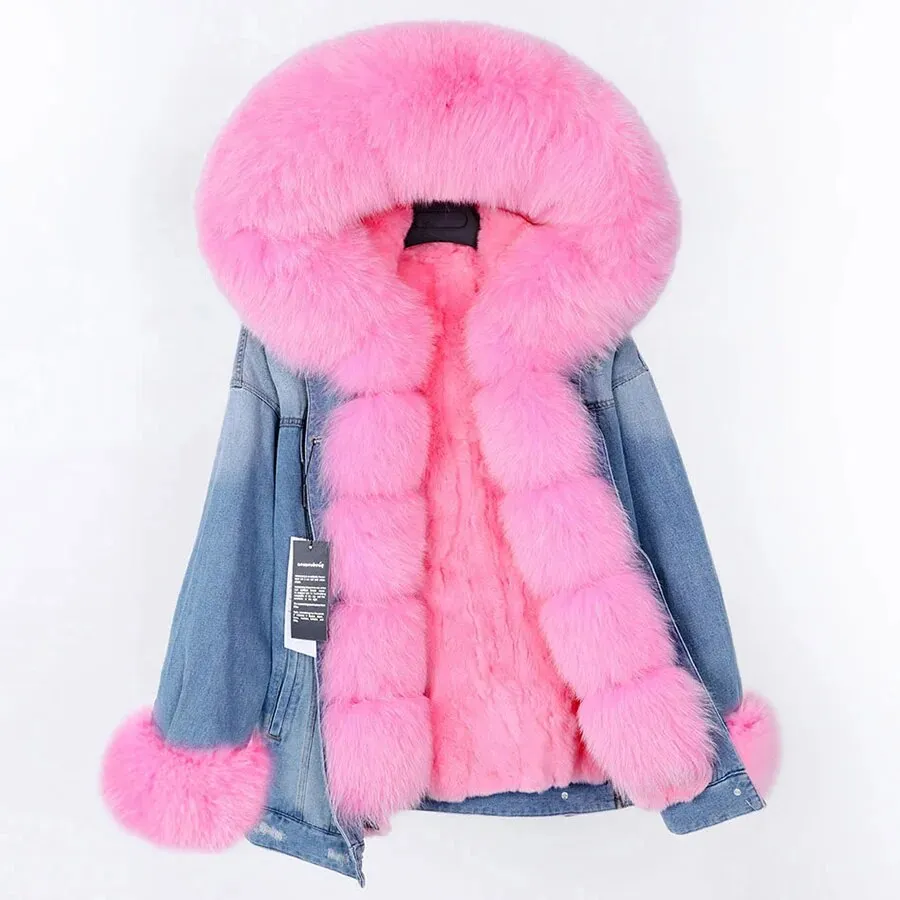 Winter Denim Jacket Parka Winter Women Parkas Real Fur Collar Coat Natural Raccoon Fur Hood Real Rabbit Fur Liner Luxury