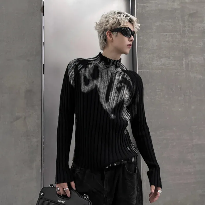 Winter Sweater Crowd Graffiti Design Half High Neck Long Sleeve Slim Fit Knitting Gradient Male Pullovers Spring 24Z788