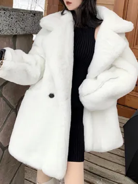 Winter Warm White Faux Fur Coat Women Double Breasted Luxury Fluffy Fake Rabbit Fur Blazers