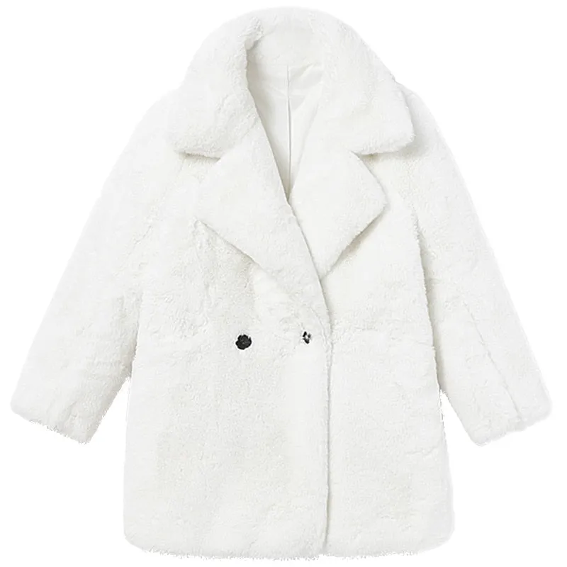 Winter Warm White Faux Fur Coat Women Double Breasted Luxury Fluffy Fake Rabbit Fur Blazers